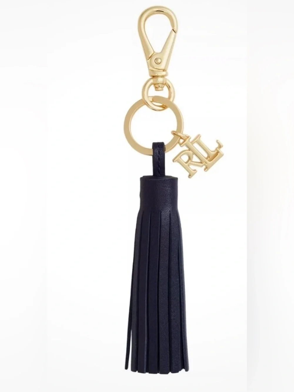 Lauren Ralph Lauren Navy Leather Tassel Key & Card Holder with Gold Hardware